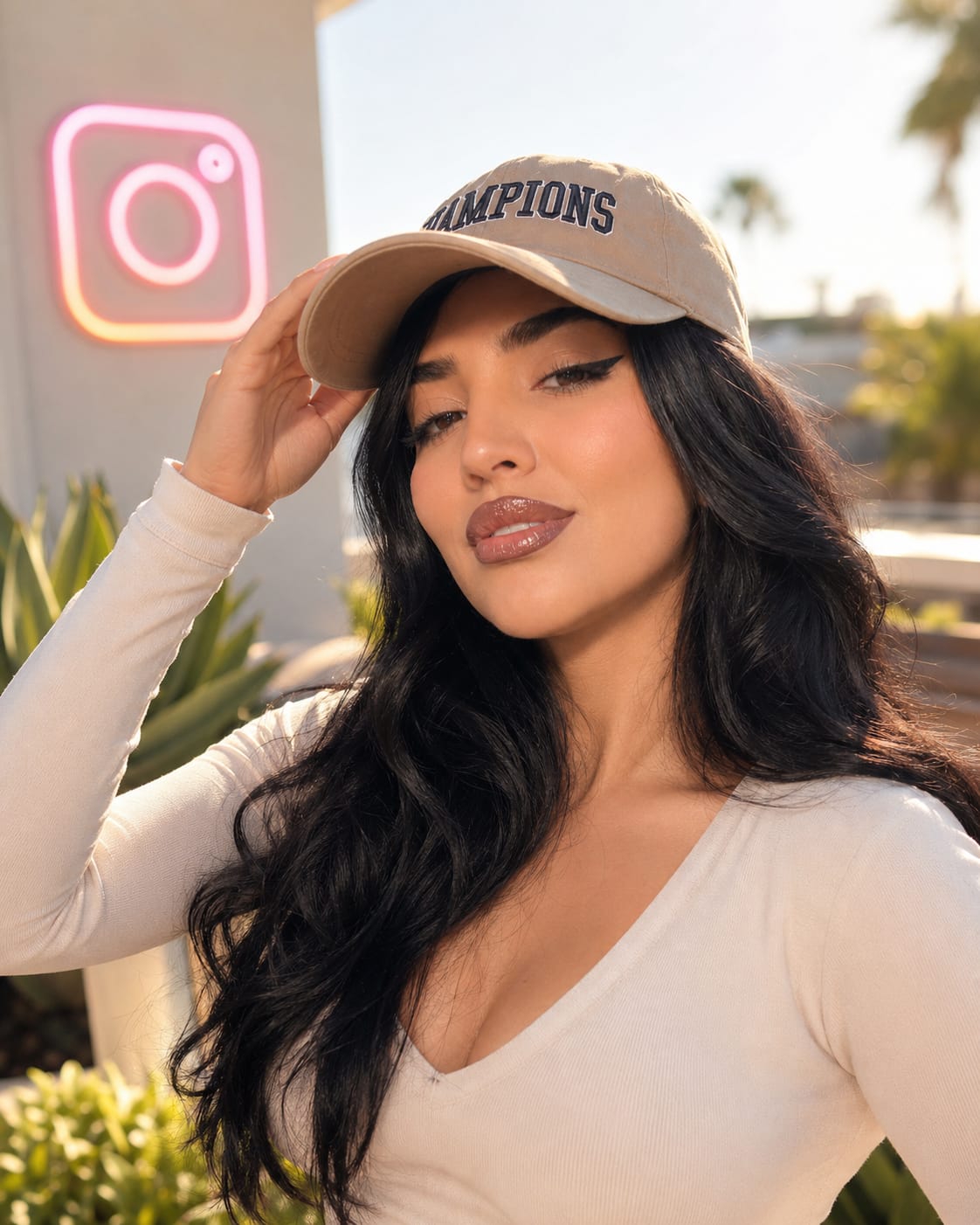 Ana in champion energy under an Instagram neon